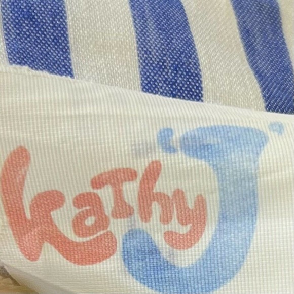 VTG Kathy J Dress 8 Blue White Striped Puff Shoulder Embroidered Elastic Waist - Picture 5 of 6